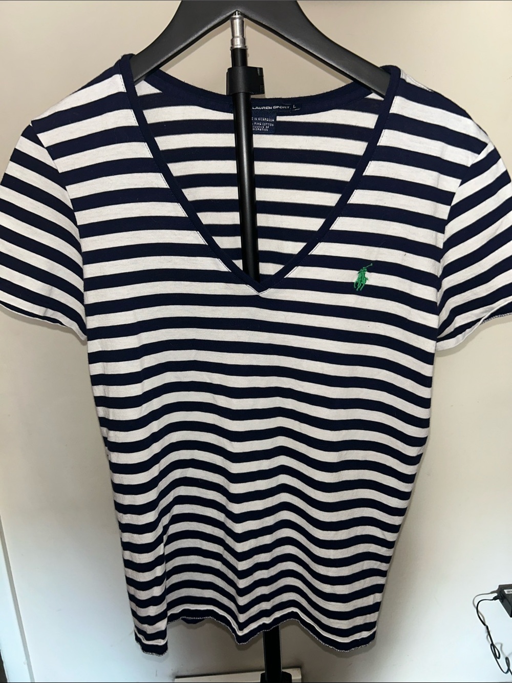 Ralph Lauren Navy and White Striped V-Neck Tee with Green Pony